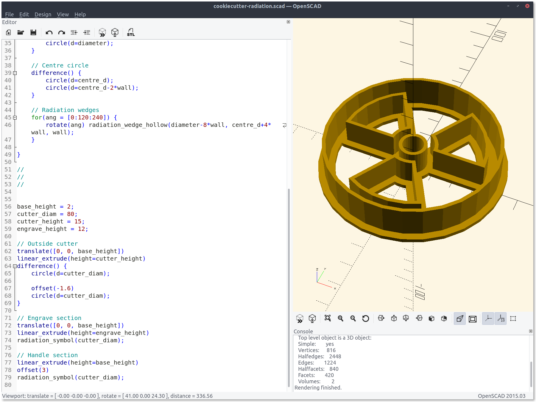 OpenSCAD interface, showing a render of the radiation symbol cookie cutter and part of the code that generates it